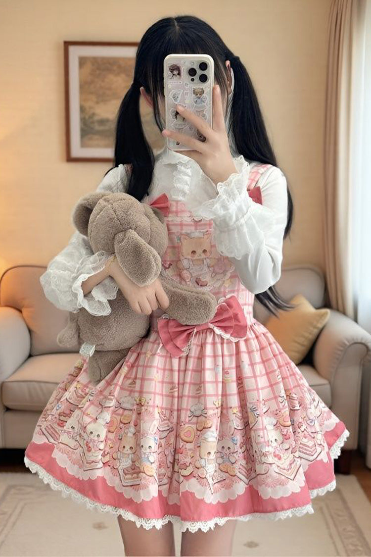 Bear Cake Sleeveless Print Bowknot Lace Doll-Style Sweet Lolita Suspender Dress 3 Colors