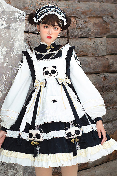 Black/White High Neck Lantern Sleeves Multi-Layer Ruffled Panda Bun Shop Sweet Lolita Op Dress