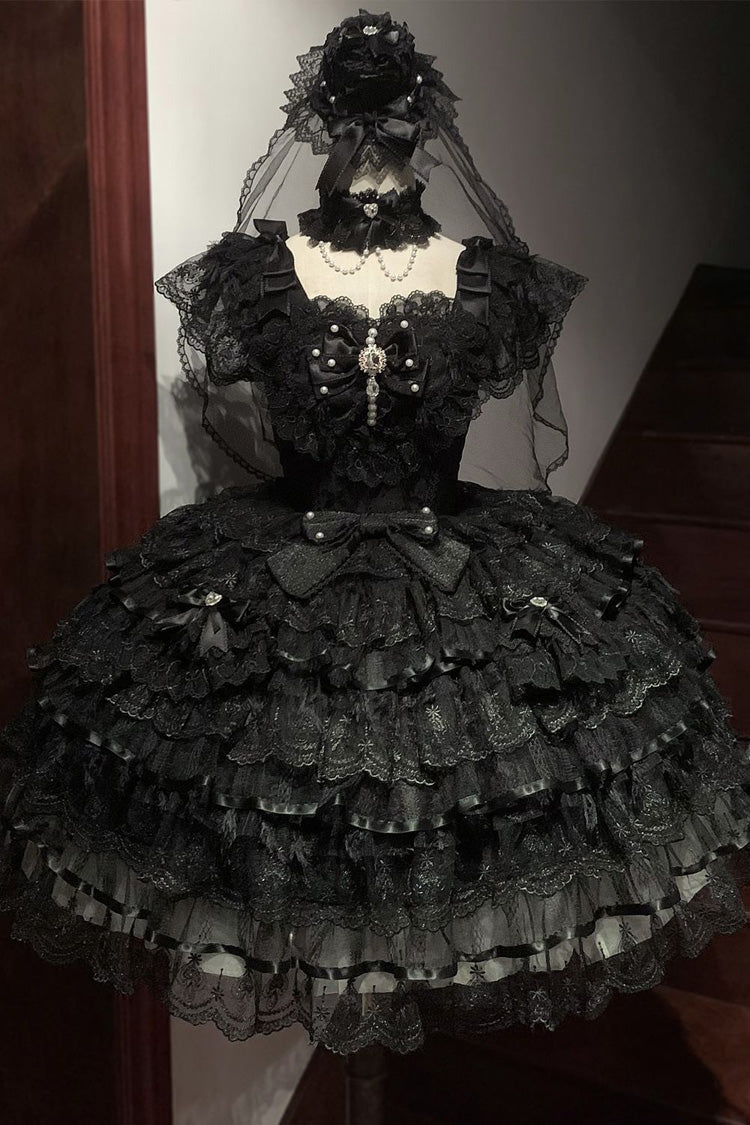 Black Ballad of Feathers Sleeveless Multi-Layered Ruffle Hanayome Bowknot Gothic Lolita Jsk Dress