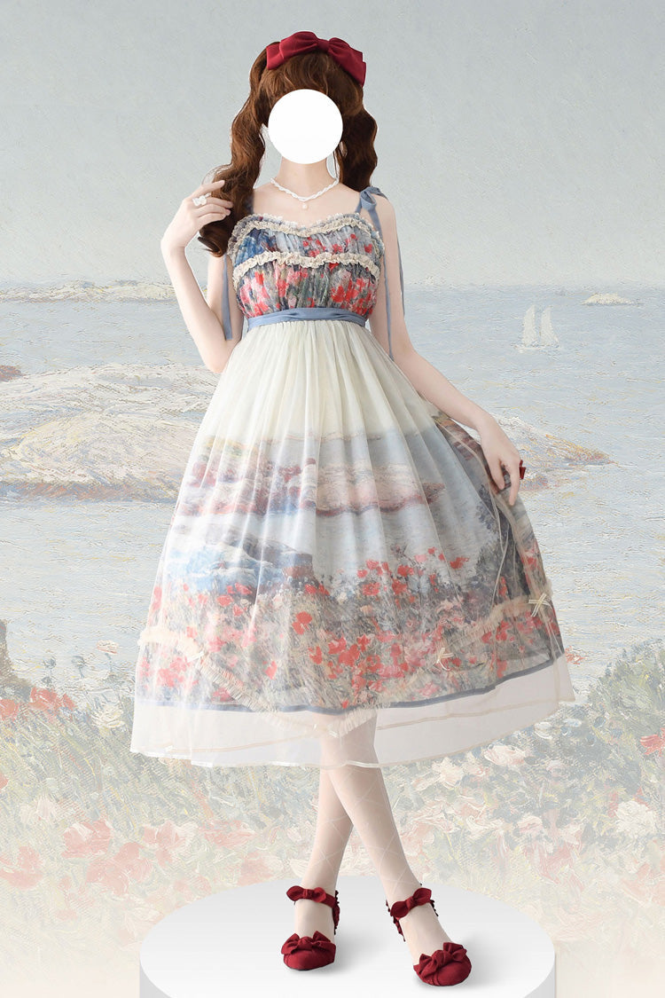 Multi-Color Oil Painting – Island Garden Sleeveless Print Ruffle Bowknot Lace Sweet Lolita Jsk Dress