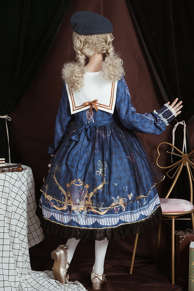 Blue Navy Collar Long Sleeves Butterfly Print Ruffle Bowknot Sweet Elegant Princess Lolita Dress