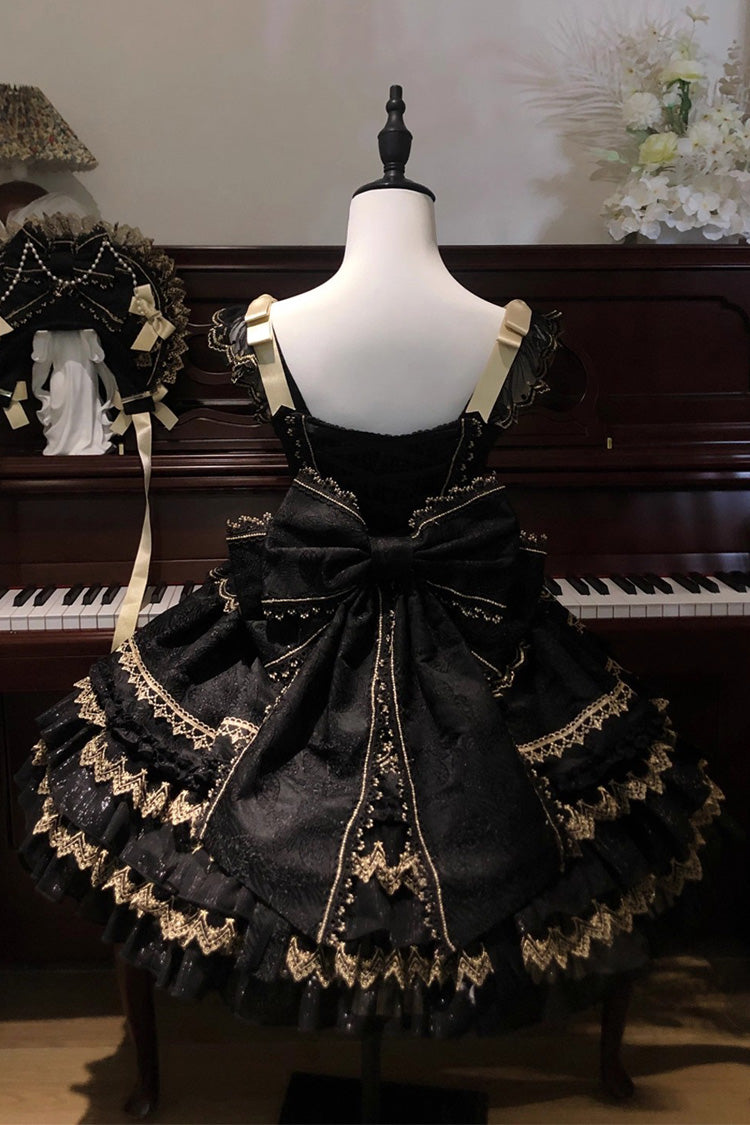 Black Gilded Memories Sleeveless Double-Layered Ruffle Hot Stamping Bowknot Lace Sweet Lolita Jsk Dress