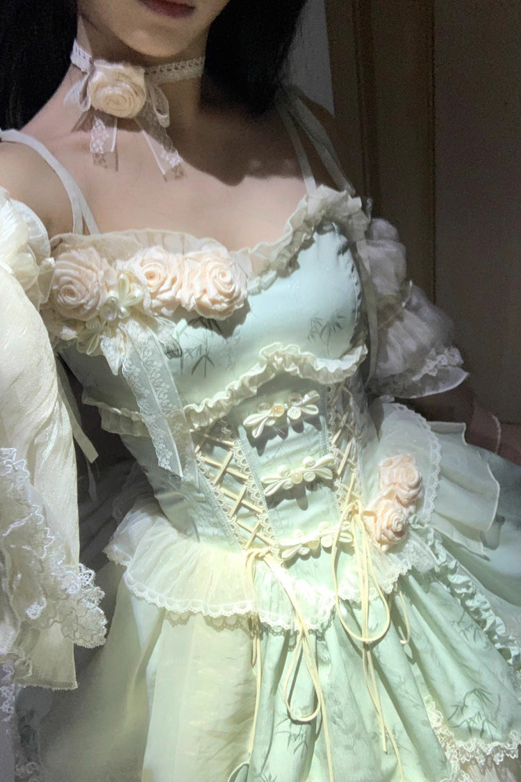Green Tea Bamboo Song Sleeveless Print Ruffle Bowknot Sweet Chinese Style Elegant Ballet Lolita Jsk Short Dress