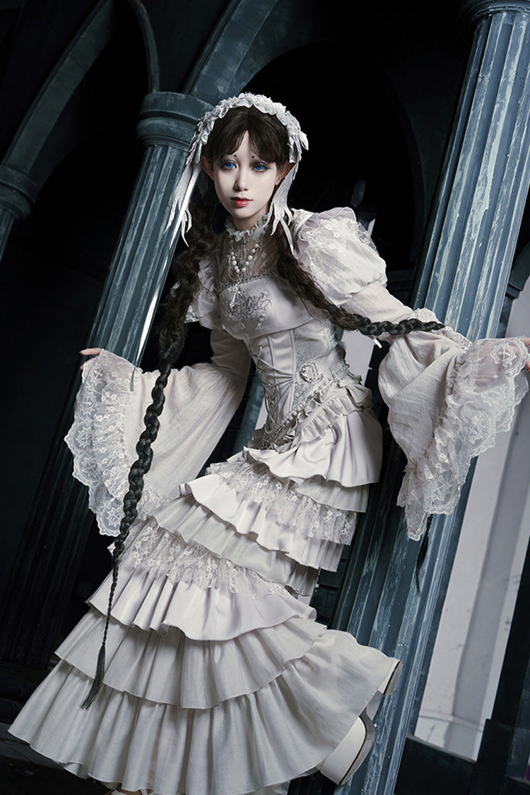 Solid Color Bionic Doll Square Collar Multi-Layered Ruffle Bowknot Lace-Up Gothic Lolita Fishtail Skirt Corset Set