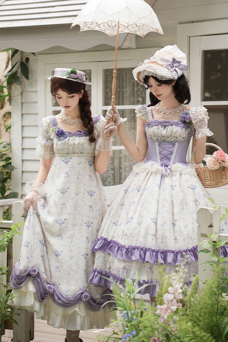Purple/Ivory Iris Secrets Short Sleeves Double-Layered Print Ruffle Bowknot Lace-Up Sweet Lolita Dress