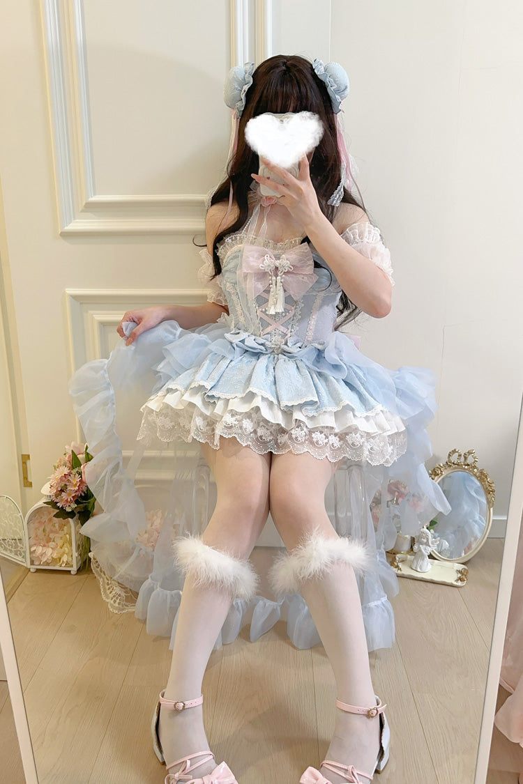 Blue Rain and Flowers Halterneck Jacquard Ruffle Bowknot Lace Sweet Lolita Jsk Dress