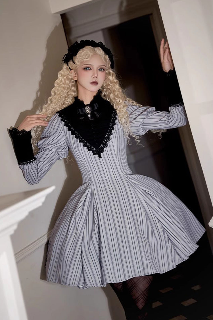Light Grey Nocturne Vertical Stripes Print Ruffle Bowknot Lace Gothic Lolita Dress 2 Versions