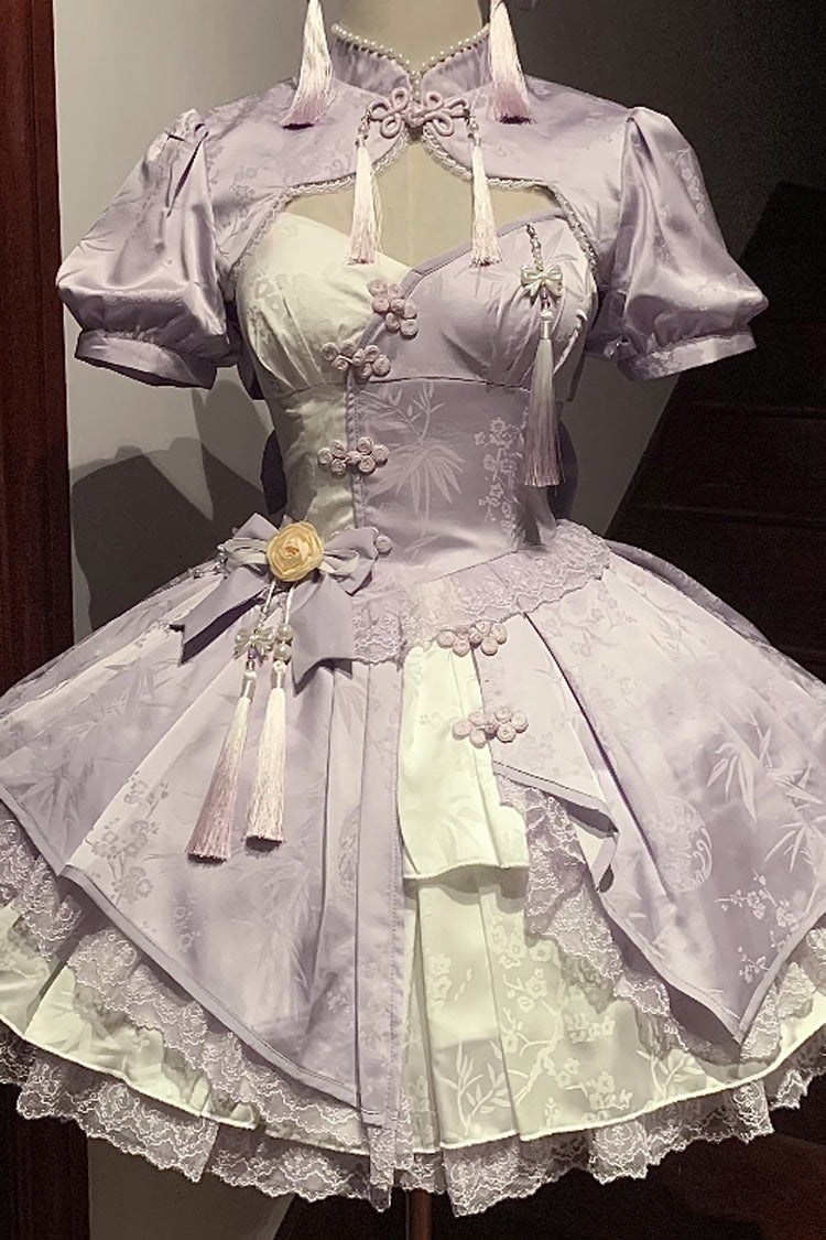 Chinese Style Short Sleeves Print Ruffle Hollow Bowknot Lace Asymmetric Sweet Vintage Lolita Dress 4 Colors