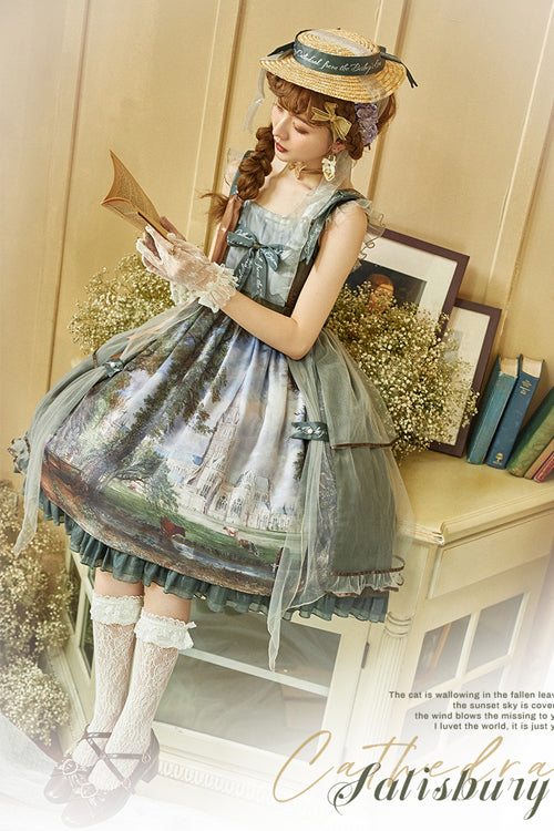 Green Salisbury Cathedral Oil Painting Print Classic Lolita JSK Dress