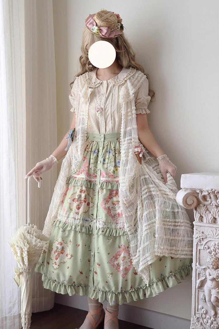 Green Cat Rose Tea Print Ruffle Daily Sweet Lolita Skirt