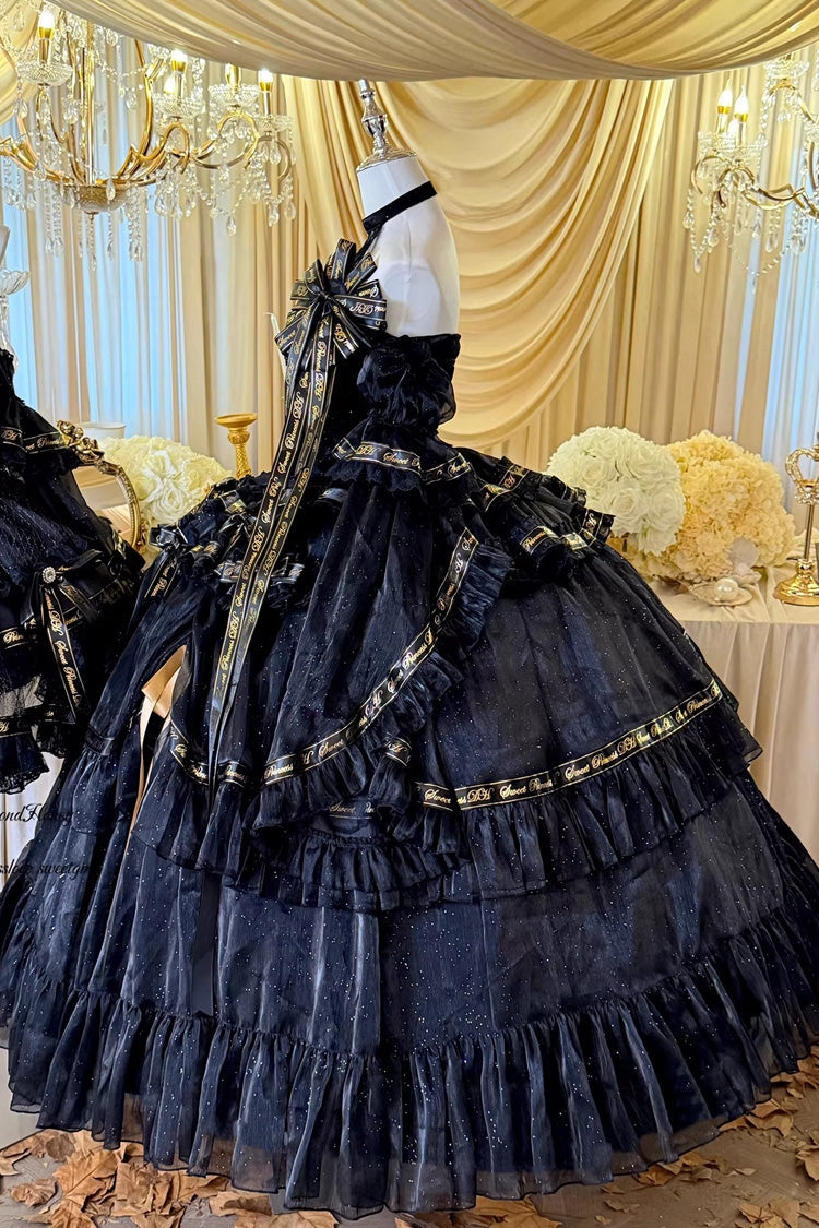 Black Obsidian Banquet Double-Layered Ruffled Hanayome Bow Lace Sweet Gothic Princess Lolita Jsk Dress