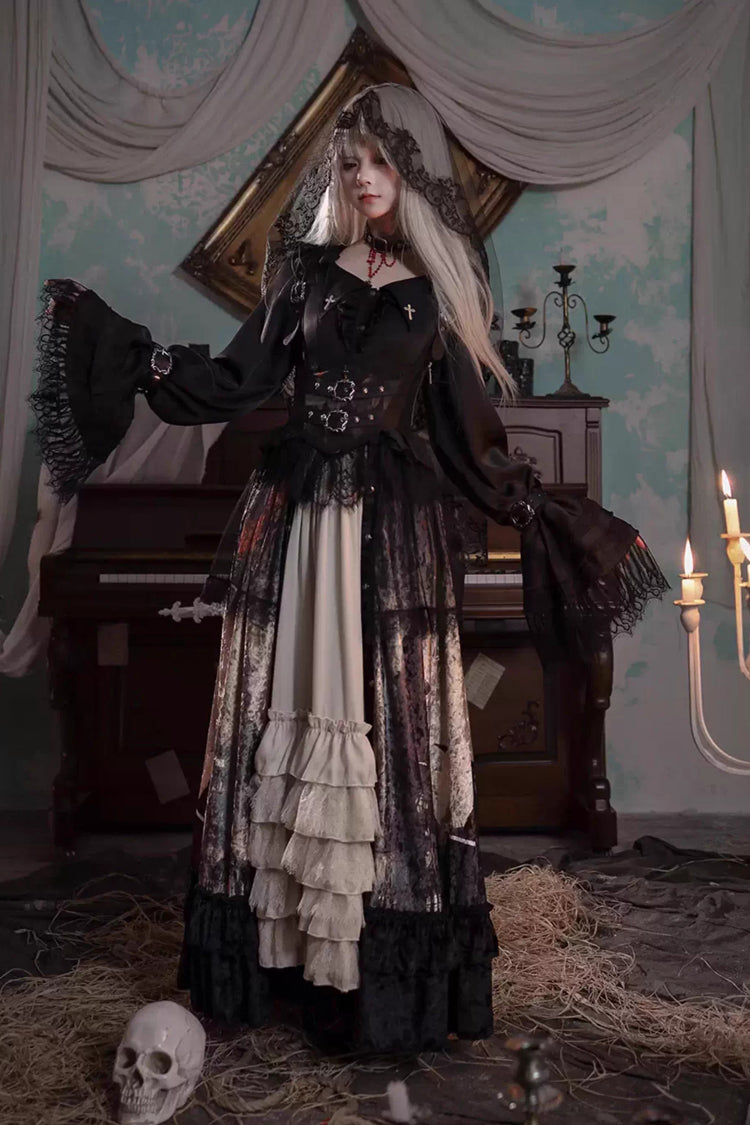 Heretical Nun Sleeveless Multi-Layered Printed Ruffled Open-Front Gothic Plus Size Lolita Strap Dress Long Version 2 Colors