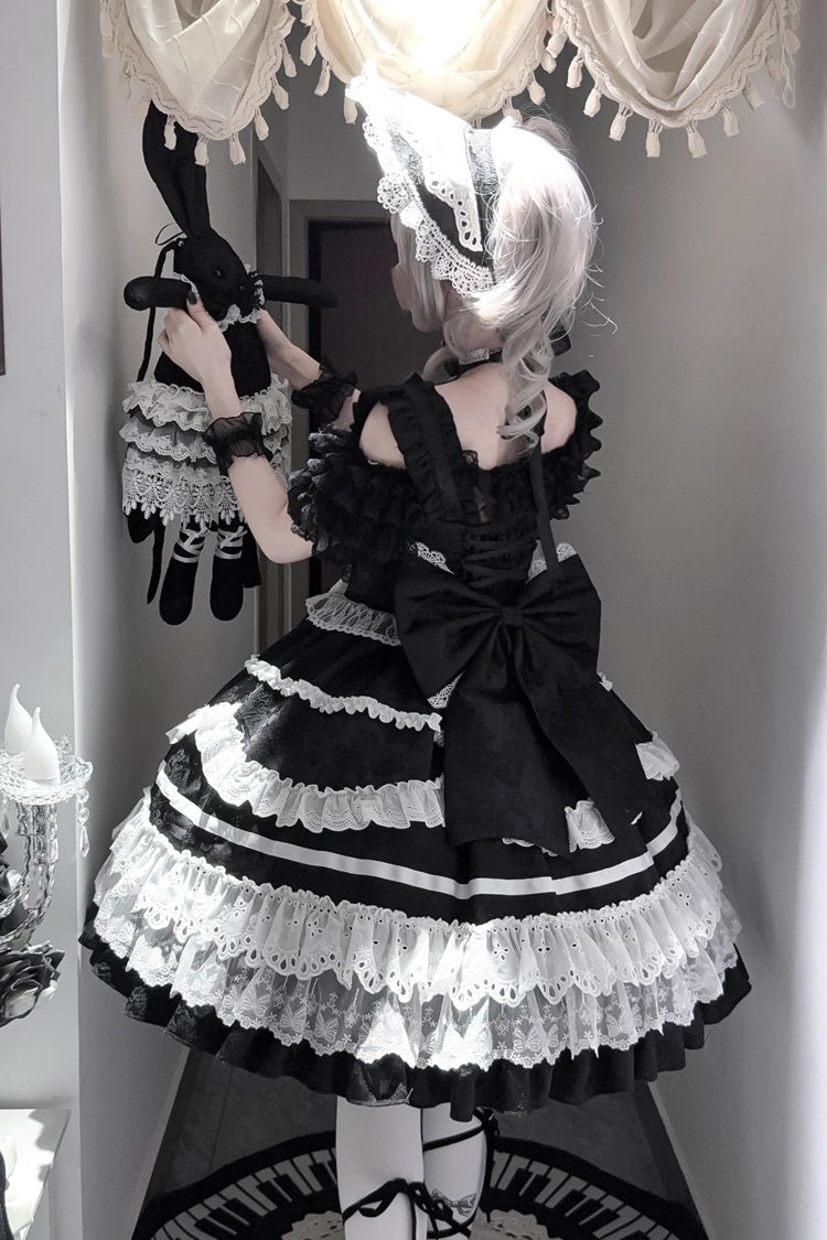 Black/White Super Cute Belia Sleeveless Triple-Layered Ruffle Bowknot Lace Gothic Elegant Lolita Jsk Dress