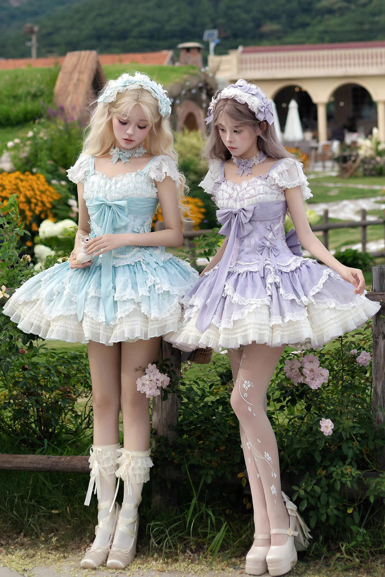 Purple Floral Dream Short Sleeves Multi-Layered Ruffle Embroidery Bowknot Lace-Up Sweet Elegant Ballet Lolita Jsk Dress