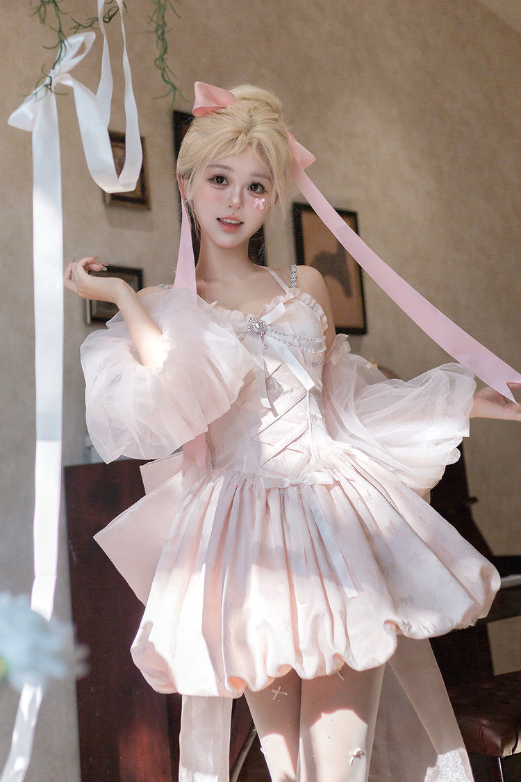 Pink The Runaway Princess Sleeveless Ruffle Bowknot Lace-Up Sweet Lolita Jsk Tulip Dress Set