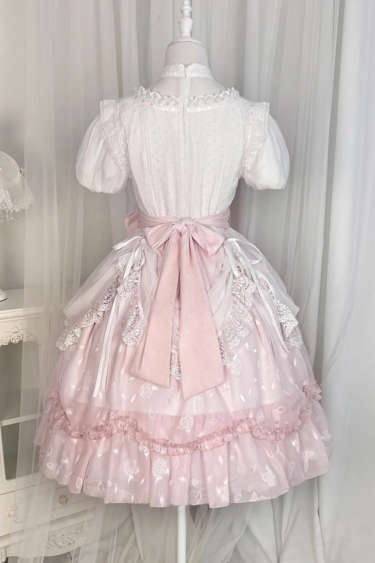 Pink Round Collar Short Sleeves Lace Ruffle Bowknot Sweet Princess Lolita Dress