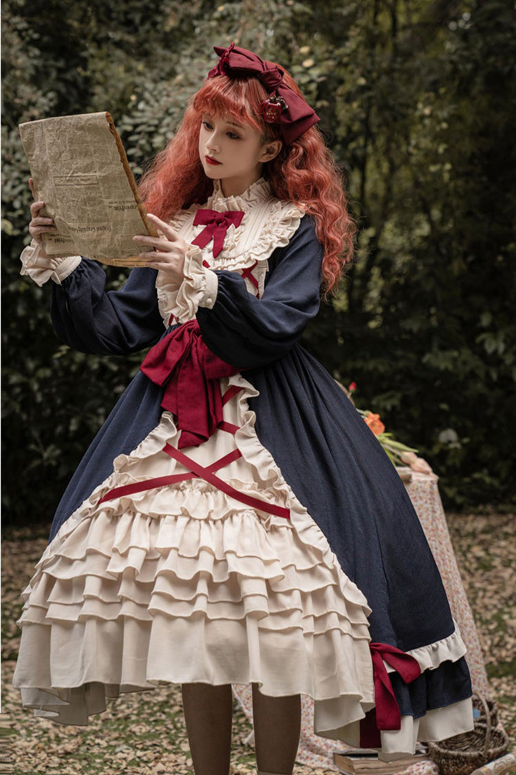 Blue Round Collar Bowknot Long Sleeves Multi-Layer Ruffled Sweet Lolita OP Dress