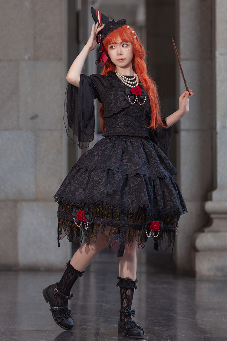 Black Apprentice Witch Double-Layered Ruffle Lace Gothic Lolita Skirt
