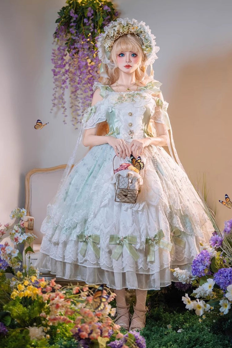 Green Glazed Phantom Off Shoulder Ruffle Hanayome Bowknot Lace Sweet Elegant Lolita Dress