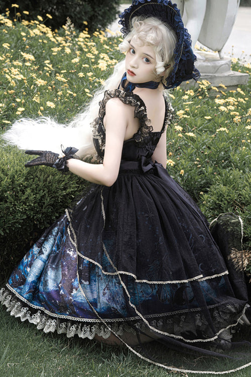 Black Ruffled Bow Star Moon Mermaid Print Gothic Lolita JSK Dress