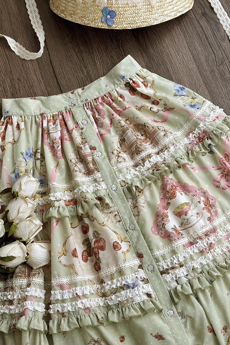 Green Cat Rose Tea Print Ruffle Sweet Gorgeous Lolita Skirt