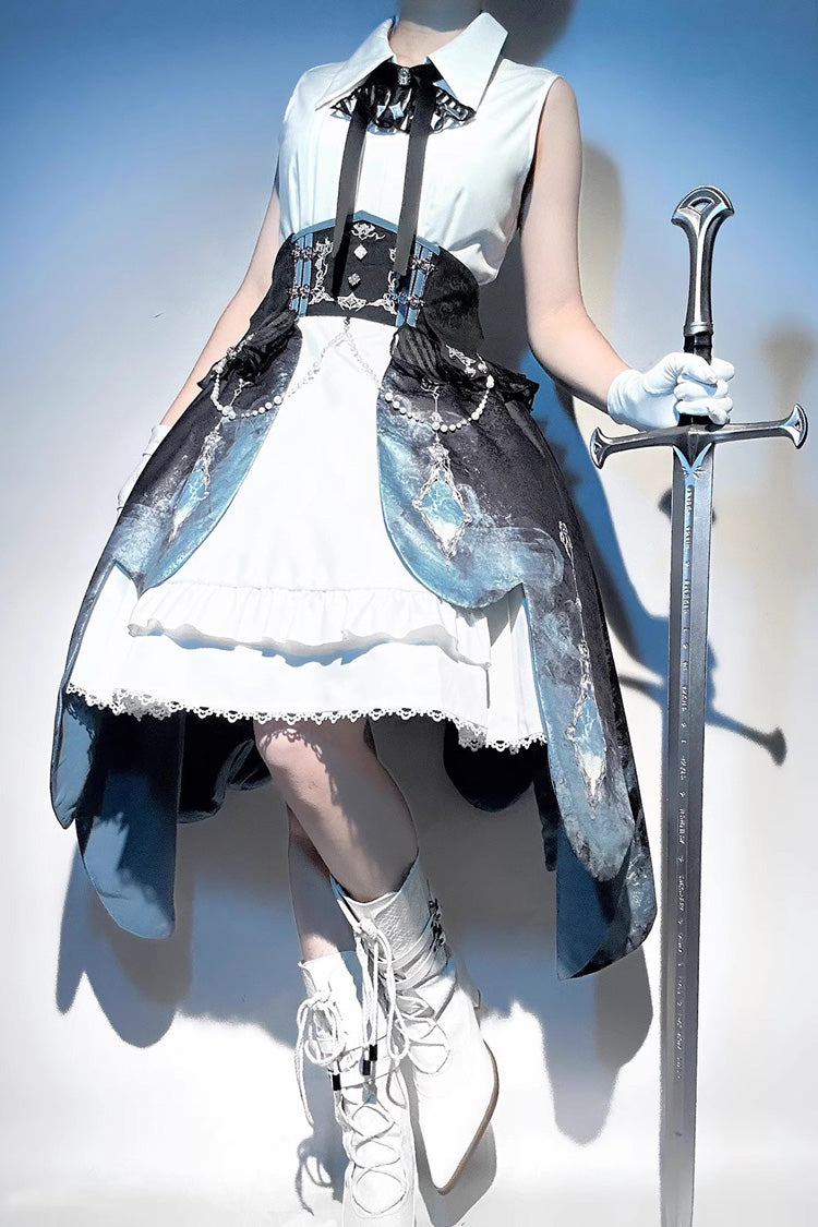 White/Blue Gradient Print Ruffle Cardigan Pearl Sweet College British Knight Style Handsome Lolita Dress Set