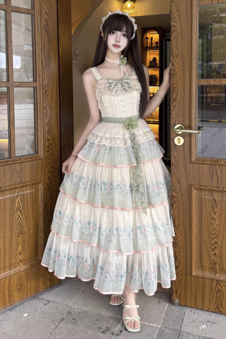 Green Lilac Thoughts Sleeveless Gradient Multi-Layered Print Ruffle Bowknot Lace Sweet Lolita Dress Set