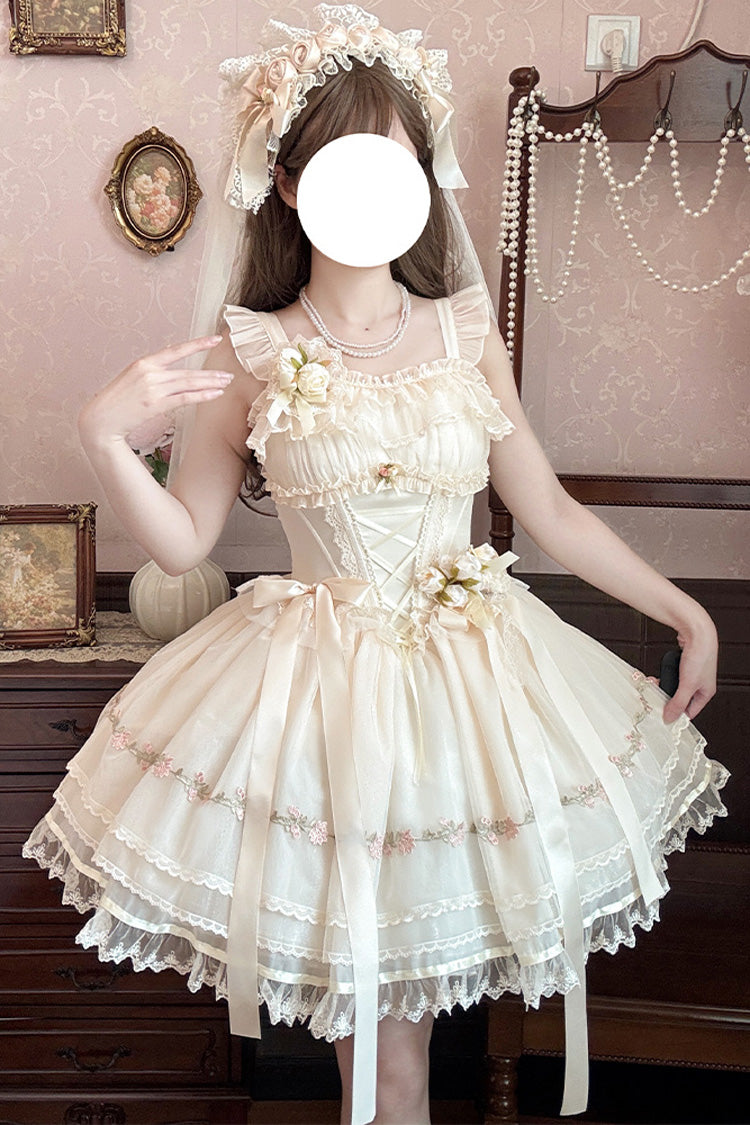 Mist Champagne Multi-Layered Ruffle Bowknot Lace Sweet Elegant Ballet Lolita Jsk Dress 3 Colors