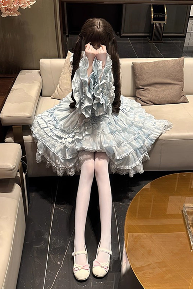 Blue The Soloist Doll Long Hime Sleeves Multi-Layered Print Ruffle Bowknot Asymmetric Sweet Lolita Dress