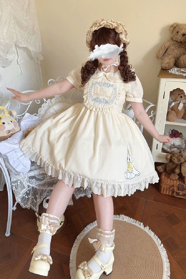 Apricot Sweet Dream Bunny Doll Collar Short Sleeves Ruffle Embroidery Bowknot Sweet Plus Size Lolita Dress