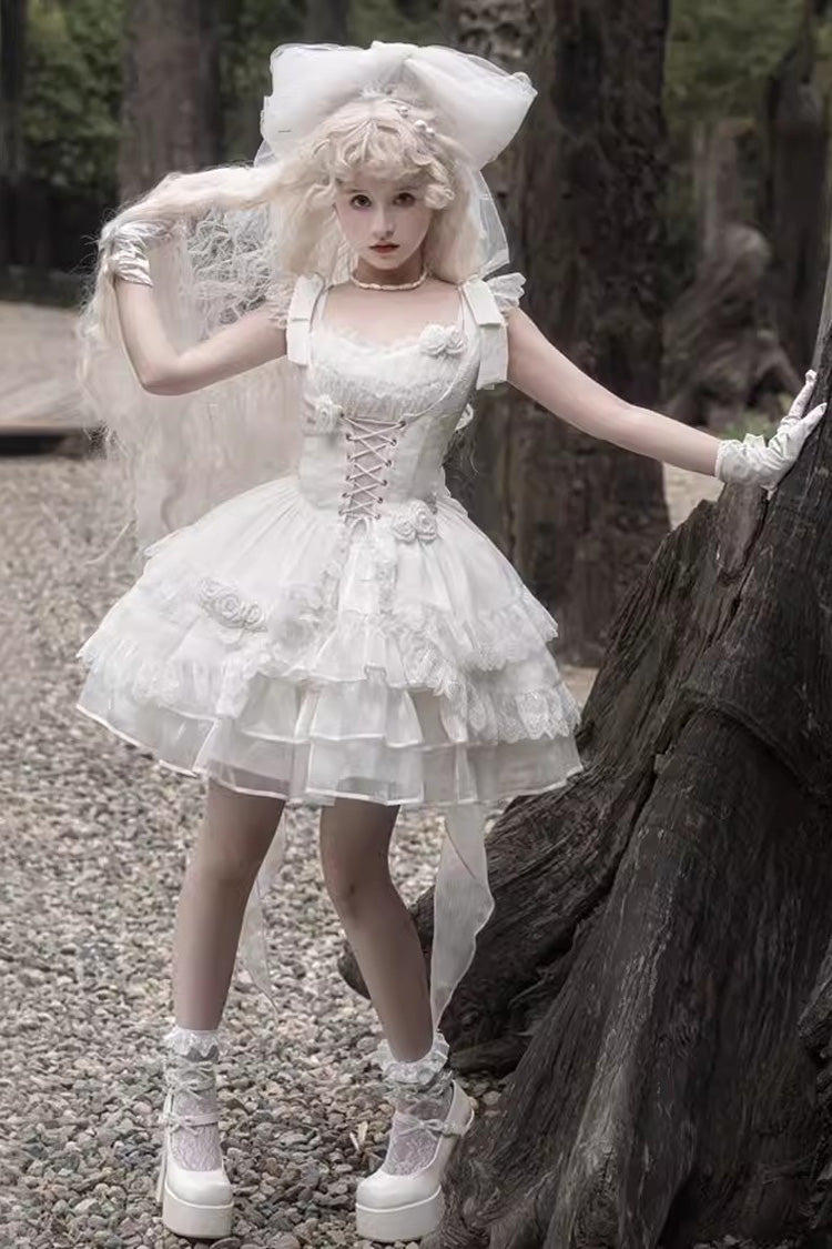 White Rose Multi-layer Ruffle Hanayome Stitching Lace Detachable Sweet Princess Lolita Tiered Dress