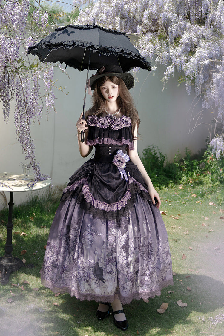 Black/Purple Angel Garden Sleeveless Print Ruffle Bowknot Lace Sweet Gothic Lolita Skirt Set