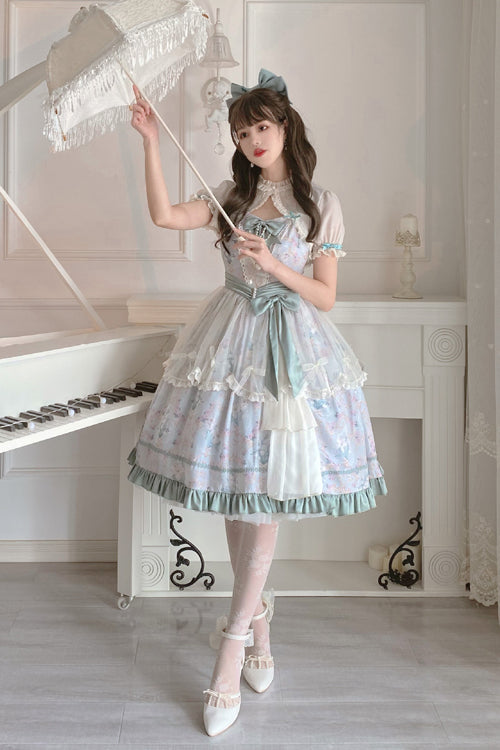 Green Flower Wall Pattern Print High Waisted Fresh And Sweet Lolita JSK Dress