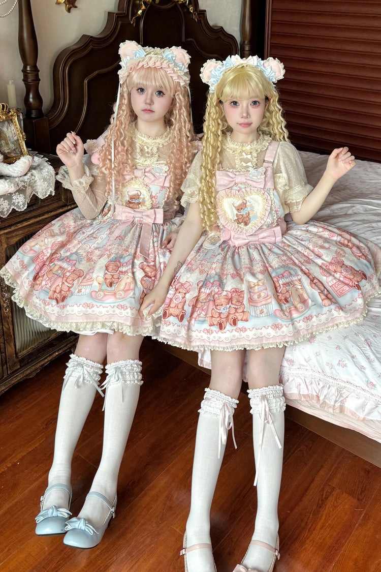 Bear Anniversary Celebration Sleeveless Printed Ruffled Bow Sweet Lolita Jsk Dress 2 Colors