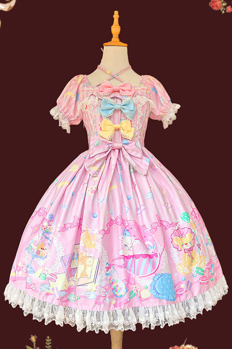Macaron Dolly House Doll Collar Short Sleeves Print Bowknot Sweet Lolita Dress 3 Colors