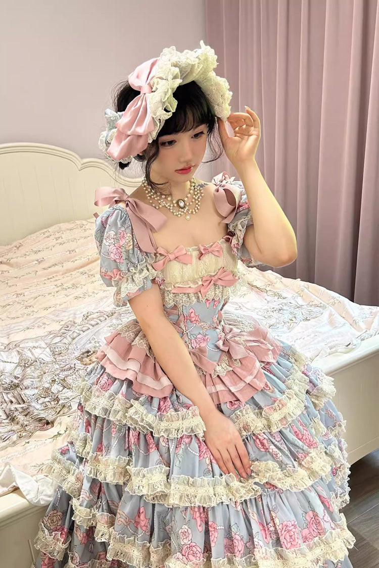 Blue/Pink Gem Rose Multi-Layered Ruffle Bowknot Lace Sweet Princess Lolita Skirt 2 Versions