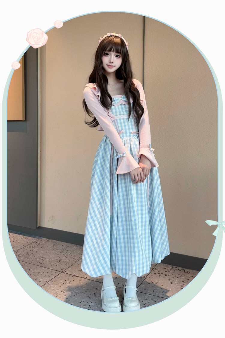 Blue Sea Salt Strawberries Sleeveless Plaid Print Bowknot Sweet Lolita Jsk Long Dress