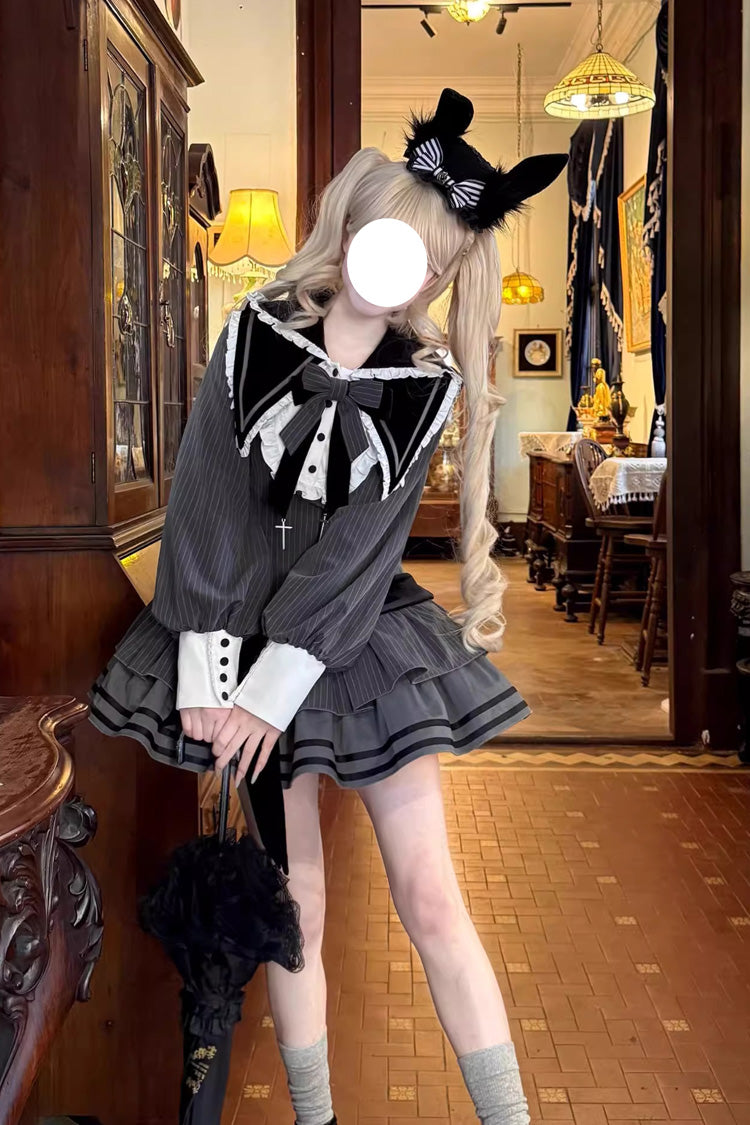 Black Bizarre Rabbit Opera Navy Collar Long Sleeves Print Ruffle Bowknot Gothic Lolita Dress