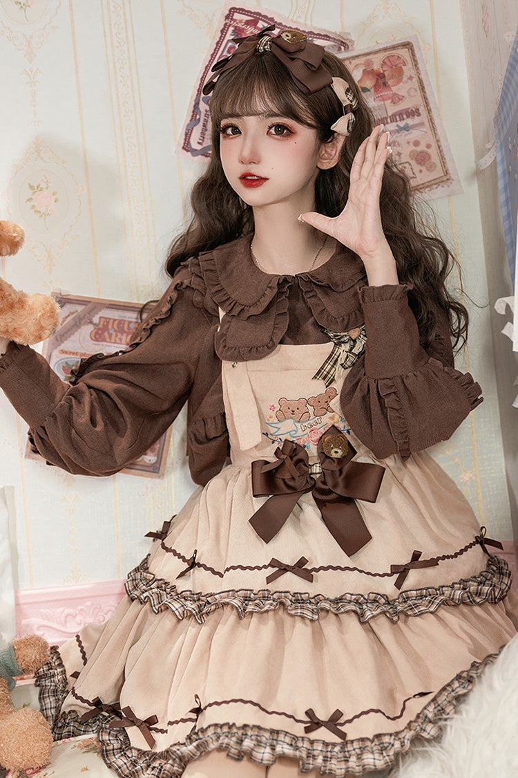 Khaki Cute Bear Embroidery Print Sleeveless Double-Layered Ruffle Bowknot Sweet Lolita Jsk Dress