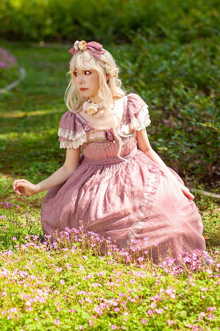 Pink Moon goddess *Mediana* Polka Dot Print Ruffle Bowknot Asymmetric Sweet Elegant Lolita Dress