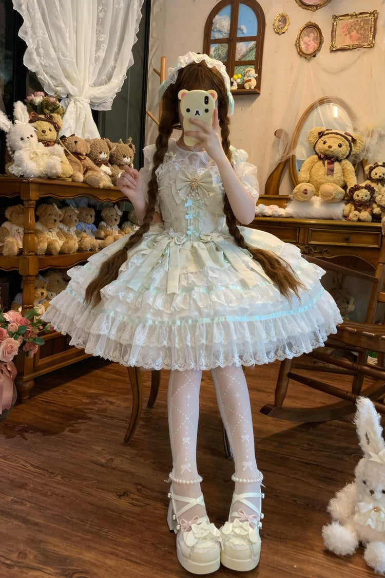 Green Snow Kissed Romance Sleeveless High Waisted Multi-Layered Bowknot Lace Pearl Sweet Ballet Lolita Jsk Dress