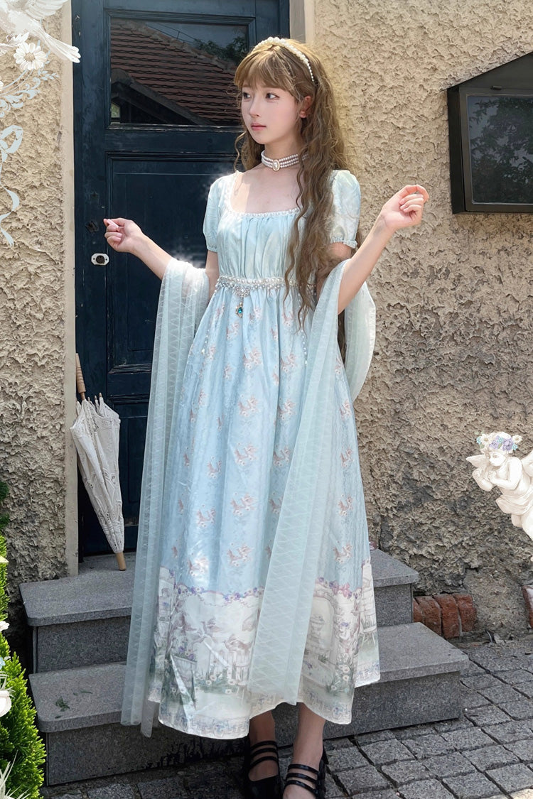 Green Spring of Nai Square Collar Short Sleeves Print Pearl Sweet Elegant Lolita Dress