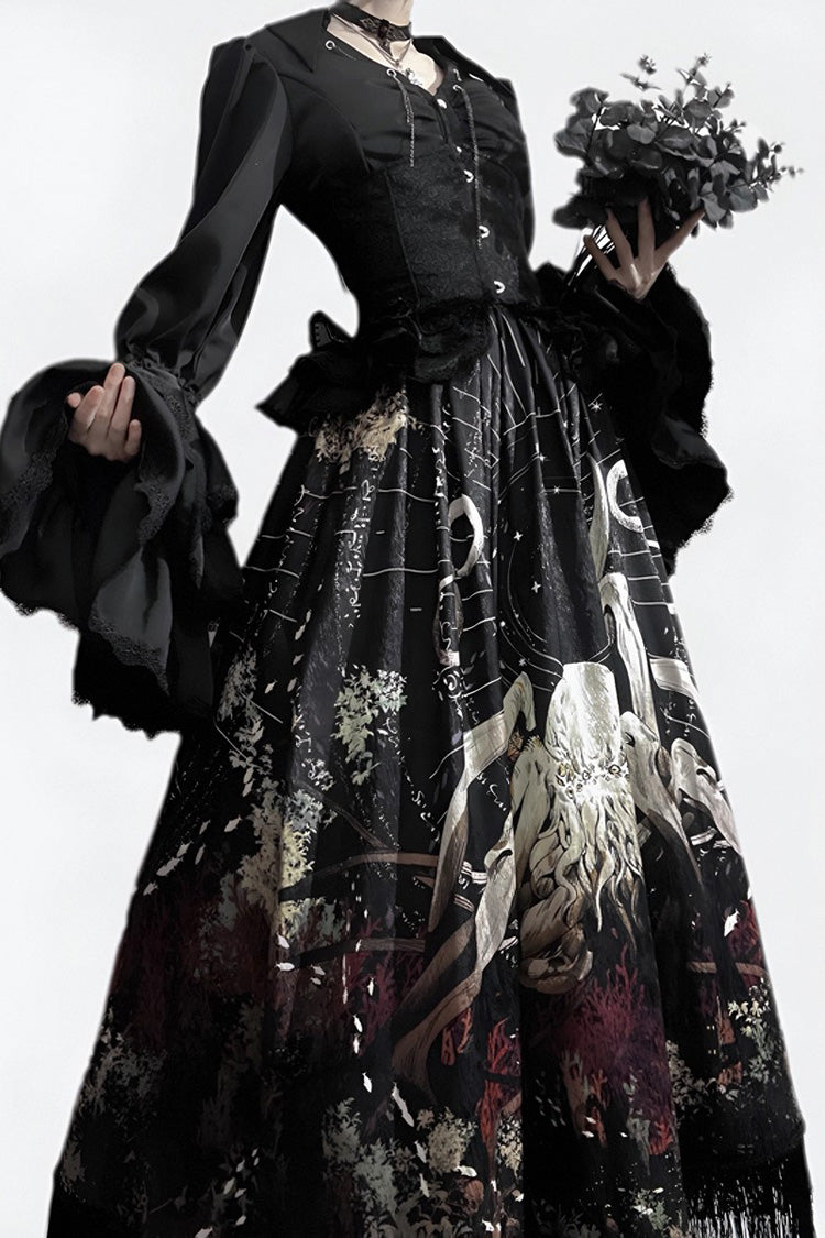 Black Reborn Ancient God Long Hime Sleeves Print Lace Gothic Lolita Skirt Dress Set
