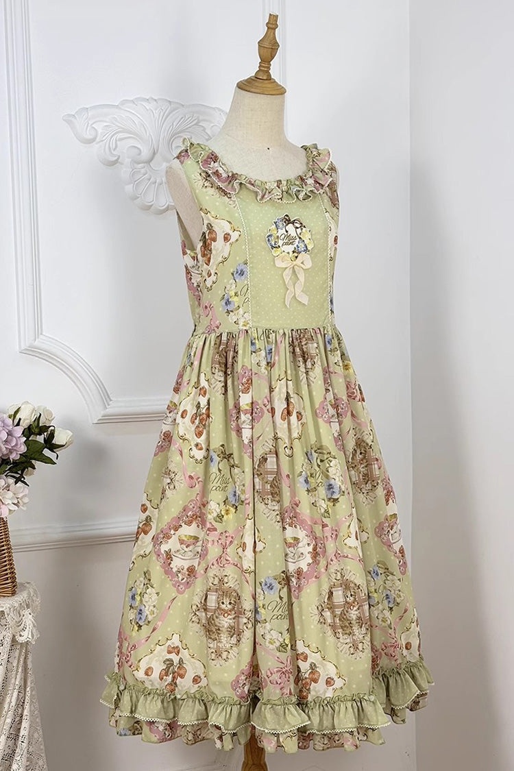Green Cat Rose Tea Sleeveless Print Ruffle Bowknot Sweet Lolita Jsk Dress