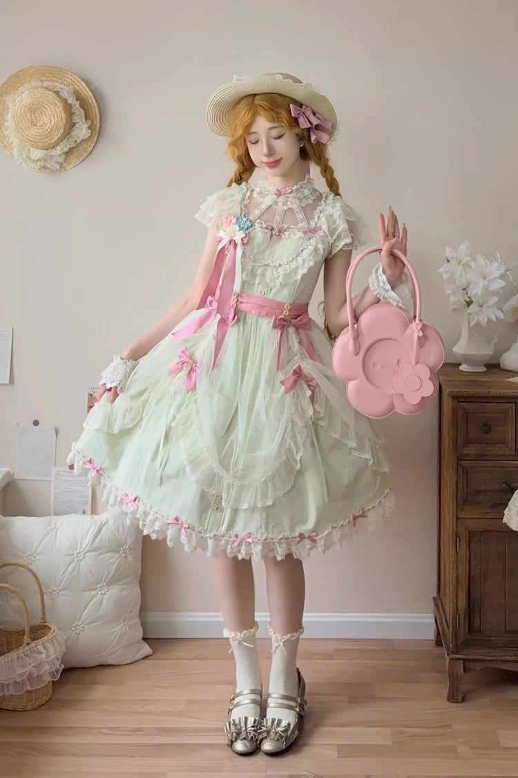 Green Sakura's Spring Resonance Sleeveless Ruffled Bow Sweet Lolita Jsk Dress (Short Version)