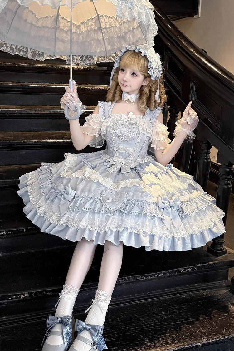 Blue Super Cute Belia Sleeveless Triple-Layered Ruffle Bowknot Lace Sweet Elegant Lolita Jsk Dress
