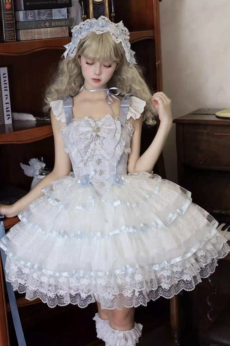Blue Rose Feather Waltz Sleeveless Triple-Layered Ruffle Bowknot Lace Sweet Ballet Lolita Jsk Dress