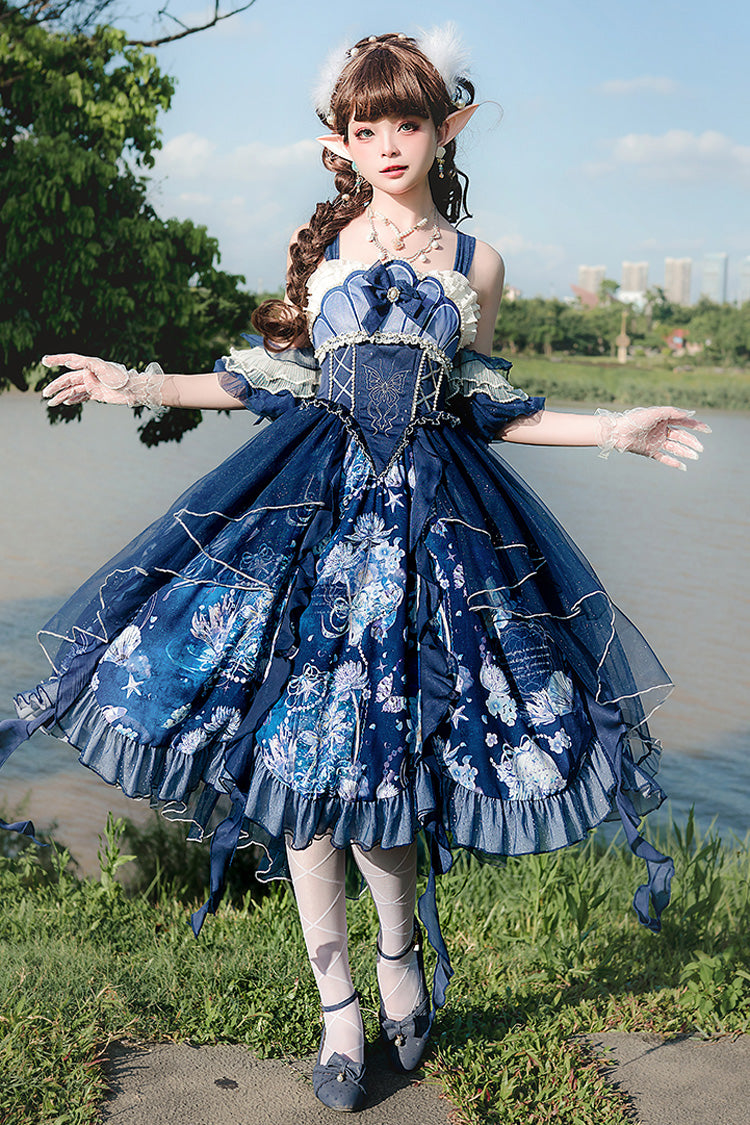 Blue Deep Sea Jellyfish Print Ruffle Lace Sweet Elegant Lolita Jsk Dress