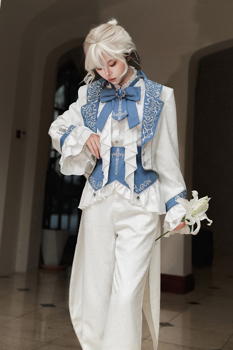 White Moonlit Paladin Prince Ruffle Embroidery Bowknot Classic Prince Handsome Ouji Lolita Set