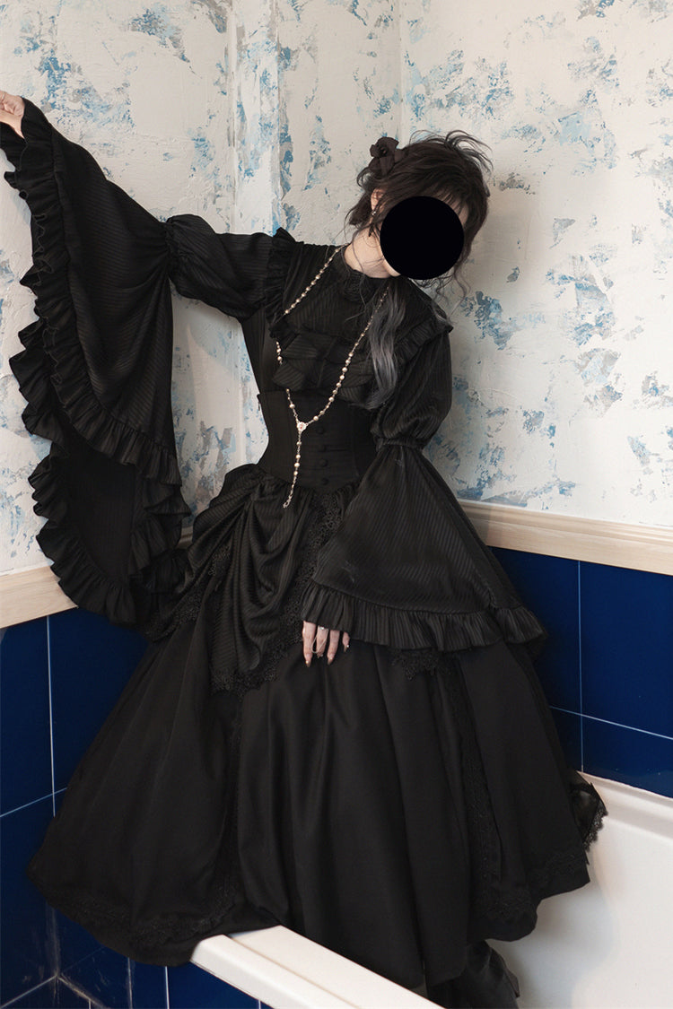 Black Sleepwalking Long Hime Sleeves Stitching Lace Plus Size Gothic Elegant Lolita Skirt Set